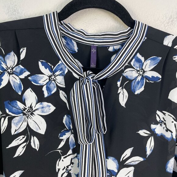 Nydj Womens Large Blue White Black Floral Tie Neck Blouse Long Sleeve Shirt Top - Picture 8 of 11